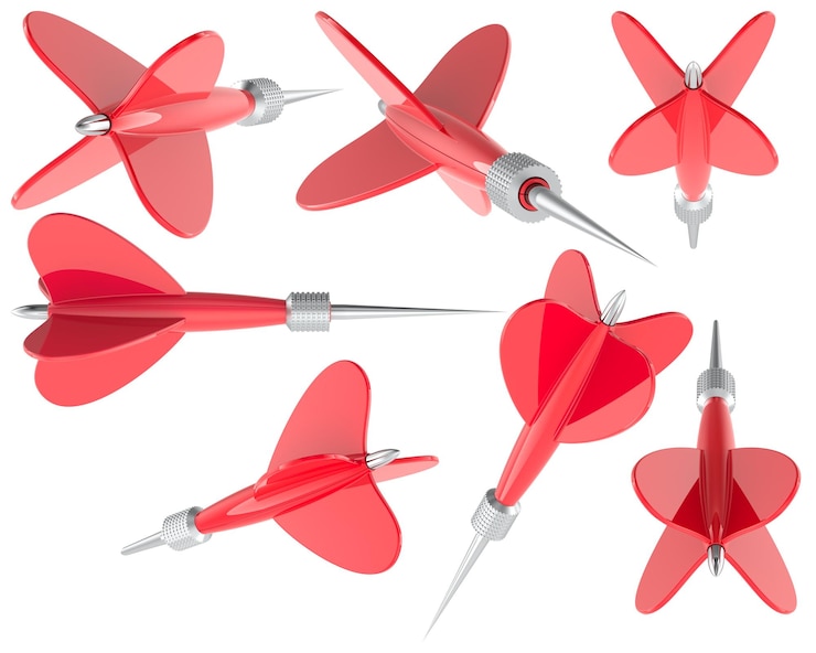 PSD set of red darts different views and angles 3d rendering isolated on transparent background