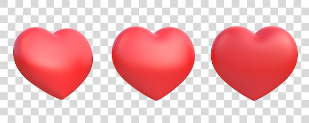 Set of red hearts isolated on white background Like sign 3D render illustration