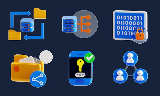 set of saas 3d icons including database mobile access and more