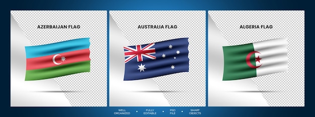 PSD シンプルに振る旗のセット アゼルバイジャン オーストラリア アルジェリア