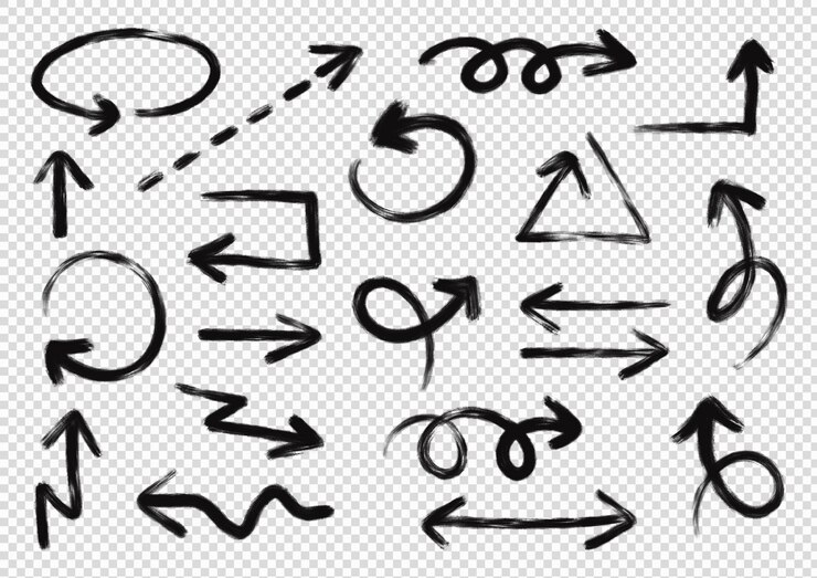 PSD set of sketched black arrows isolated on a transparent background