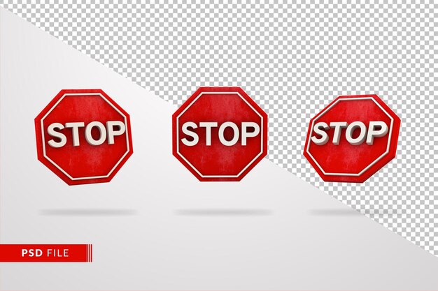 Set of stop sign objects floating with isolated background 3d render