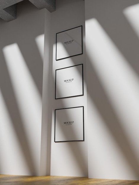 PSD set of three of square frame mockup poster in the minimalist interior from side angle