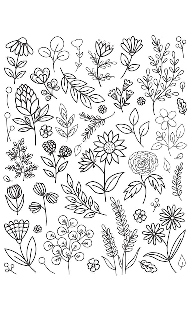 Set of vector flowers Hand drawn art flowers Flower elements Flower sticker collection