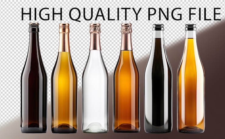 PSD set of wine exotic luxury wine bottle png white and brown with bronze cap wrap crystal clear glass