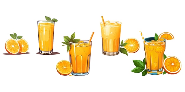 Set di bicchieri di succo d'arancia con sacchetti e frutta a fette isolate su sfondo trasparente