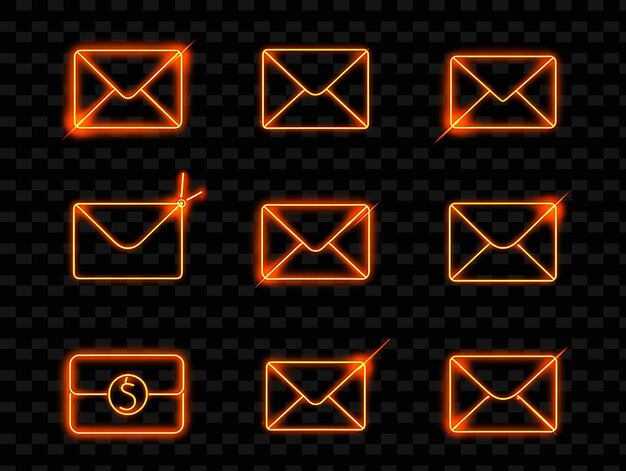 PSD set of orange neon letters with a line of envelopes on a black background