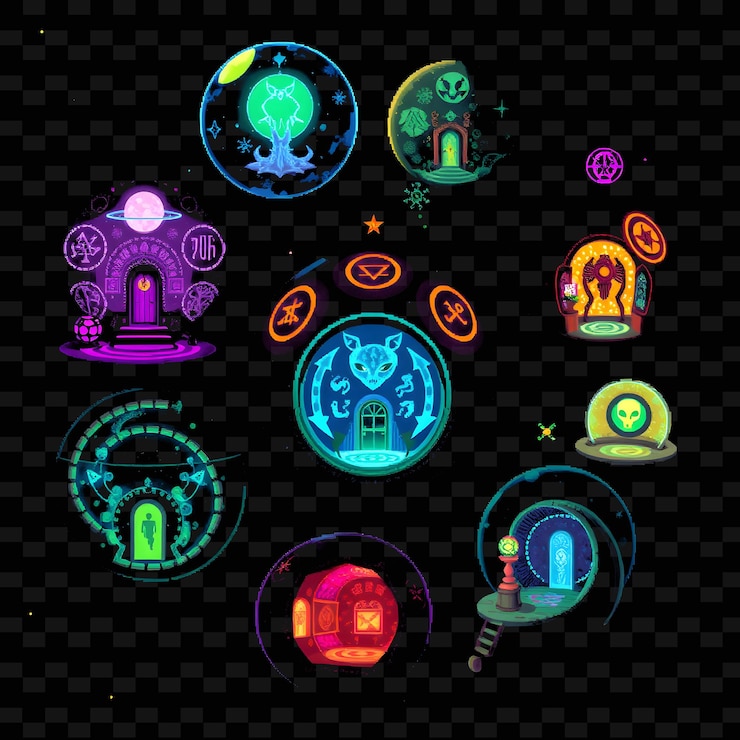 PSD set orb shaped homes with alien glyphs translucent walls glow with stra png house element designsn