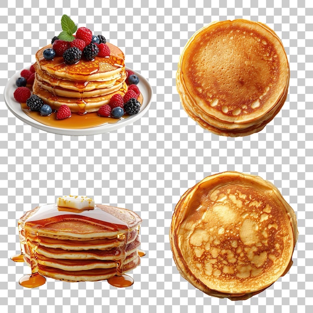 Set of pancakes with berries and maple syrup isolated on transparent background