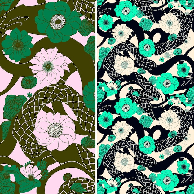 A set of patterns with a dragon and flowers