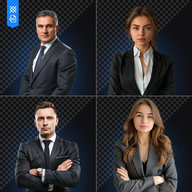 PSD set of people consisting of two men and two women people in suits on a transparent background