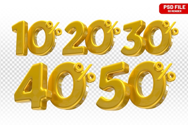 Set of percent gold number offer in 3d