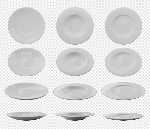 PSD 透明な背景にリアルなスタイルでプレートのモックアップを設定しますさまざまな角度の丸い皿のダイニングセットあなたの食べ物のデモンストレーションのための便利なテンプレート