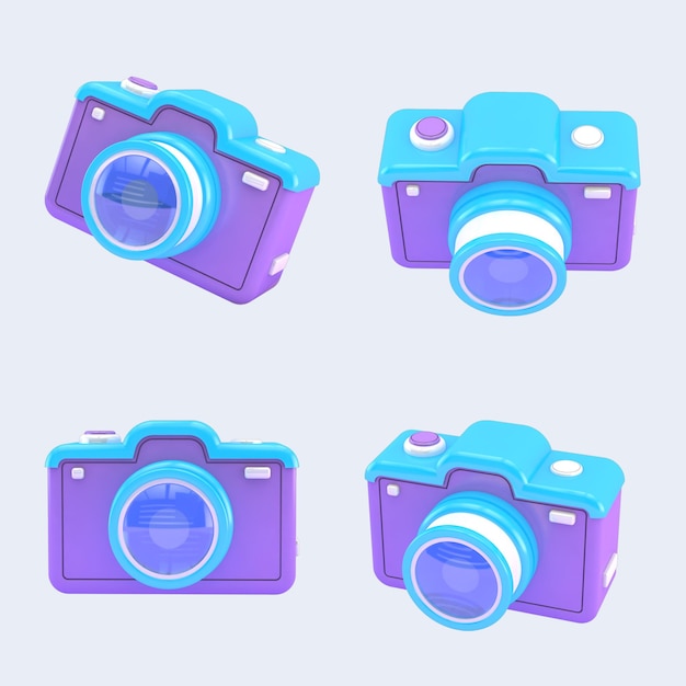 Un set di fotocamera viola con una fotocamera digitale su sfondo bianco.