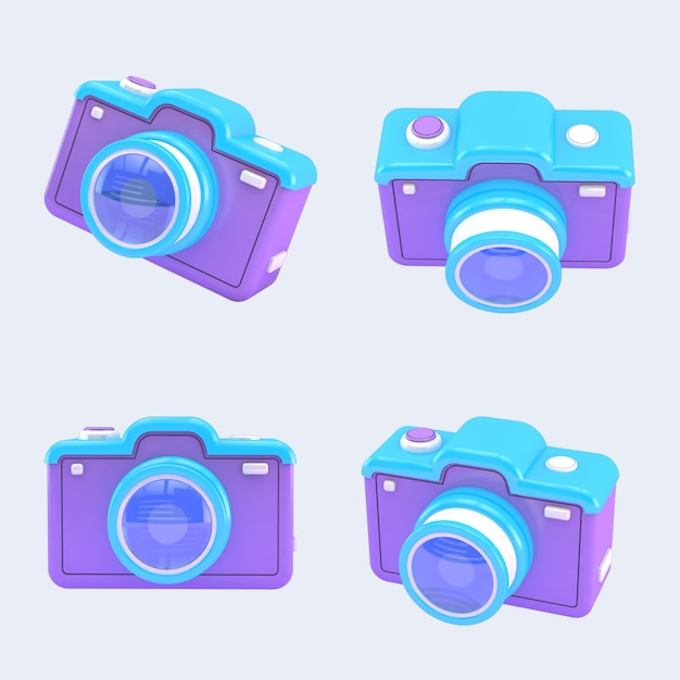 PSD un set di fotocamera viola con una fotocamera digitale su sfondo bianco.