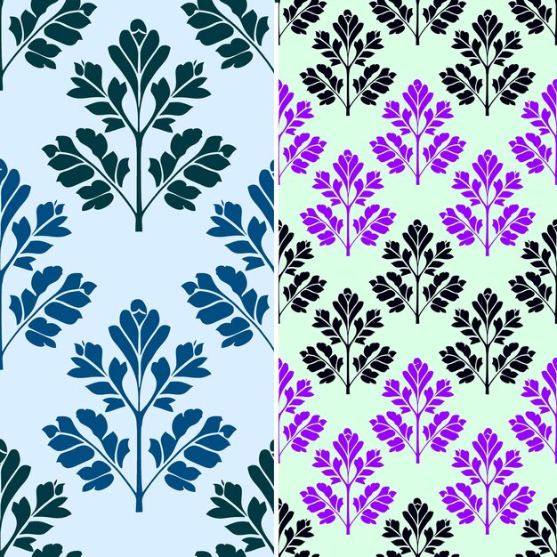 PSD a set of purple and green floral patterns with leaves and flowers