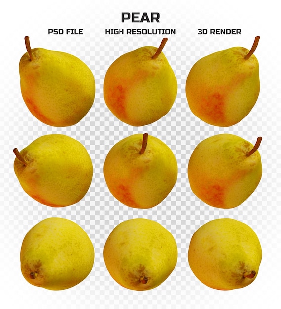 Set of realistic 3d render pears in high resolution with many perspectives