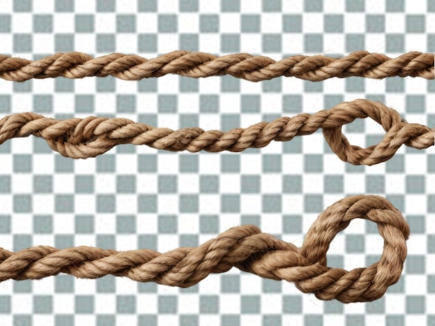 PSD serie di corde marroni realistiche di jute o canapa contorte con anelli e nodi