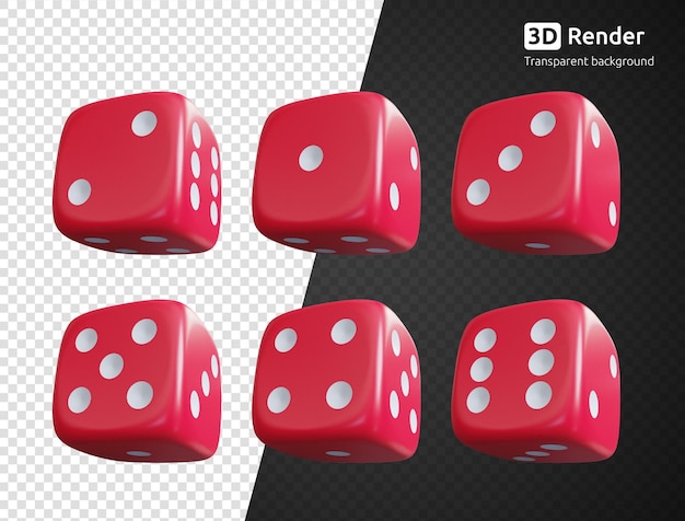 PSD a set of red dice with the number 1 2 3 4 5 6 3d render isolated