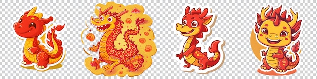 PSD a set of red dragon sticker isolated on transparent background