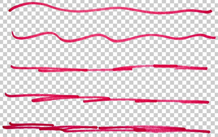 PSD 赤い手描きのマーカーペンストロークラインのセット 透明な背景デザイン要素 ドードル 落書きの下線