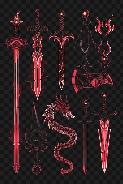 PSD set of sai pixel weapon with dragon design and flames and scales wi game asset art design concept