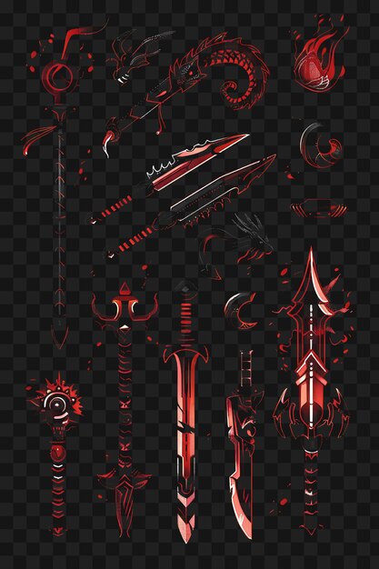 PSD set of sai pixel weapon with dragon design and flames and scales wi game asset art design concept