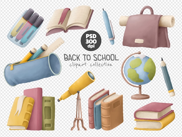 PSD set di materiale scolastico clipart