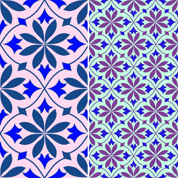 PSD set of seamless geometric patterns with blue and pink flowers and leaves