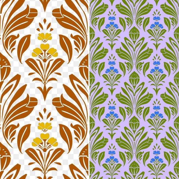 PSD set of seamless patterns with different flowers and leaves on a purple background