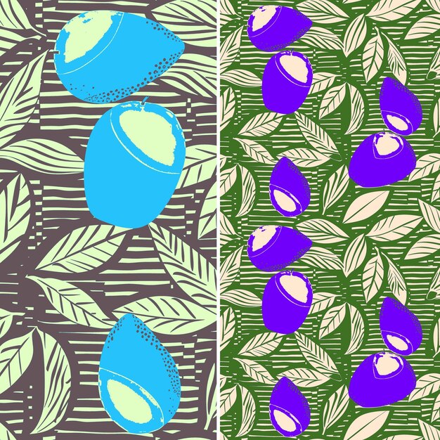 PSD a set of seamless patterns with plums and leaves