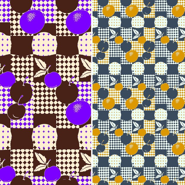 PSD a set of seamless patterns with plums and maple leaves