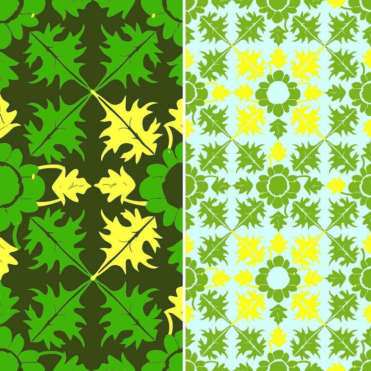 PSD set of seamless patterns with yellow flowers and green leaves
