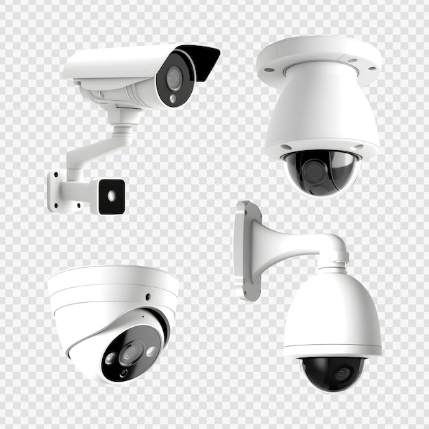 Set di telecamere di sicurezza o telecamere cctv isolate su uno sfondo trasparente