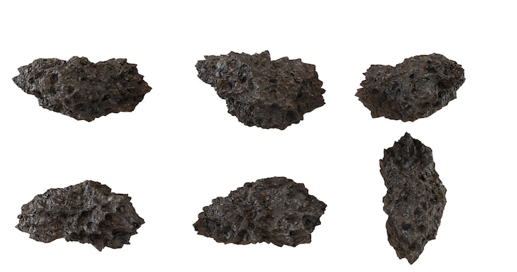 PSD set of six purple and gray rocks isolated on black background