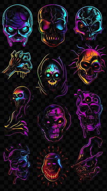 PSD a set of skulls with glowing faces on a black background