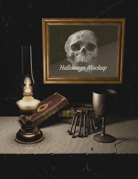 Set sleutels en stapel boeken halloween mock-up