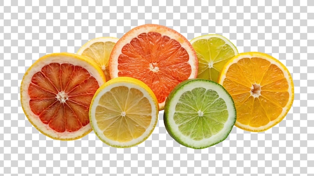 PSD set of a slices orange grapefruit lime and lemon isolated on transparent background