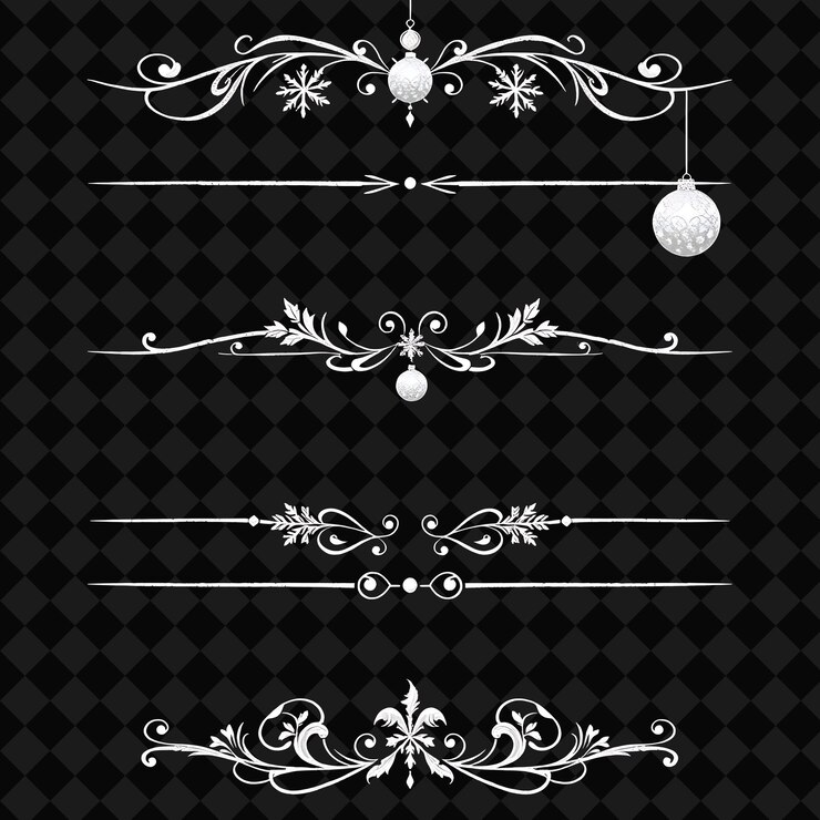PSD set of snowflakes fir trees and baubles frosty white with shimmering silver art nouveau inspired