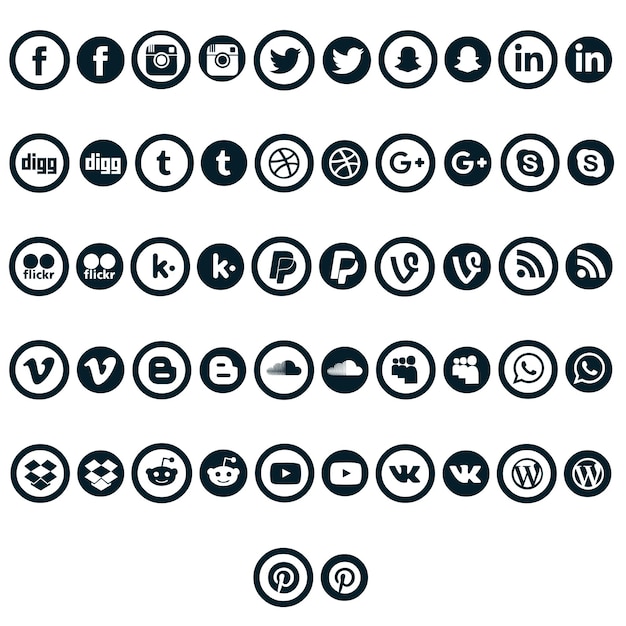 PSD set of social media logos in black and white color