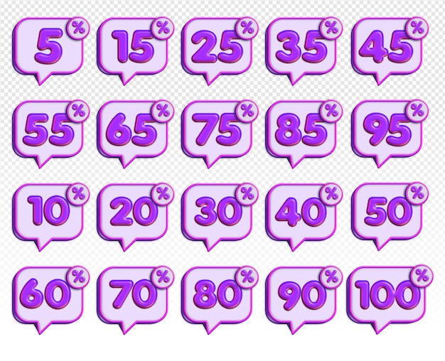 A set of speech bubbles numbers purple 5 10 15 20 25 30 35 40 45 50 55 60 65 70 75 80 85 90 95 100