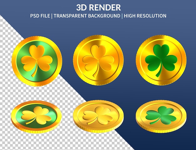 Set di rendering 3d della moneta d'oro di san patrizio