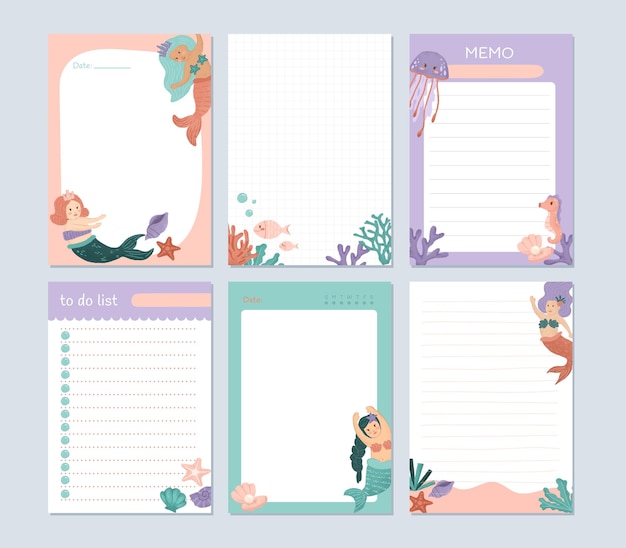 PSD set of stationery mermaid printable planners and memo in portrait layout