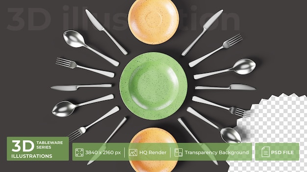 PSD a set of steel spoons knives and forks around green plate and orange plates on a dark surface