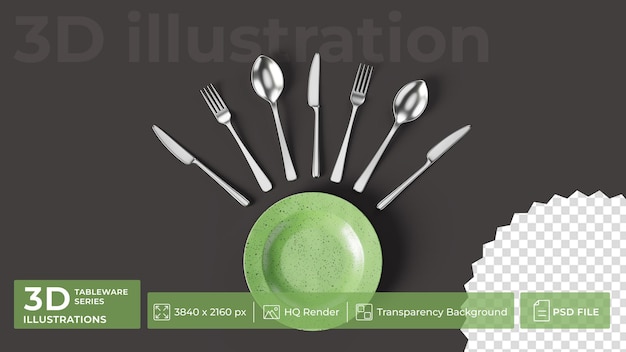 A set of steel spoons knives and forks lie around a green plate on a dark surface