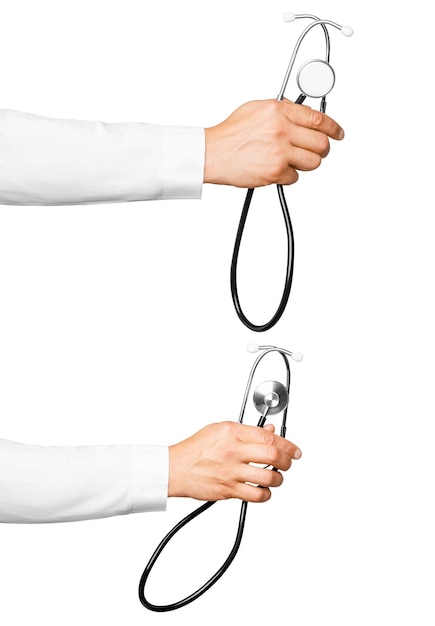 Set Stethoscope in hand of male doctor on empty background