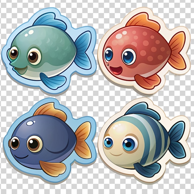 Set stickers met tekenfilms van vissen op een doorzichtige achtergrond