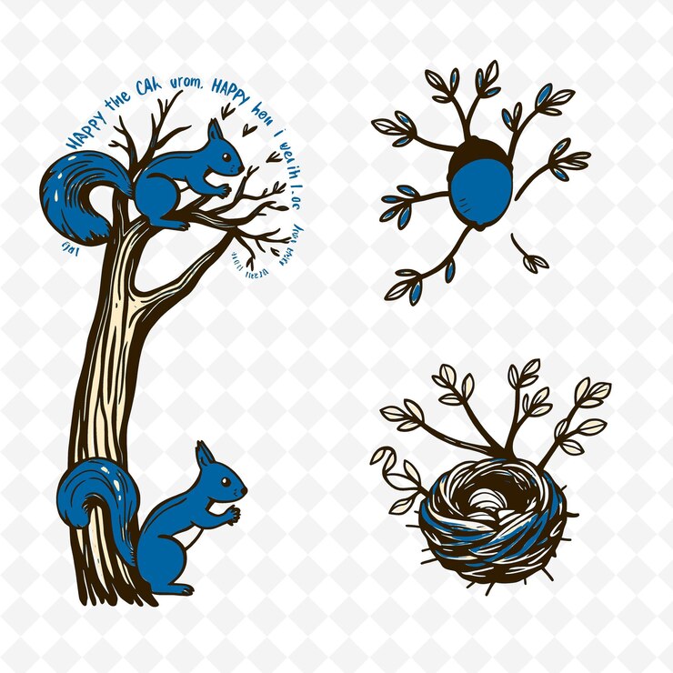 PSD a set of stickers for a squirrel and a tree with the words quot happy birthday quot on it