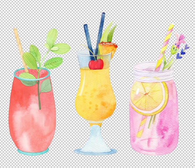 PSD set of summer cocktails in watercolor