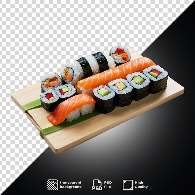 A set of sushi on a wooden tray with the word sushi on it on a transparent background